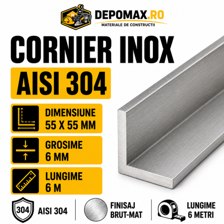 Cornier inox AISI 304, 55 x 55 x 6 mm, 6 metri